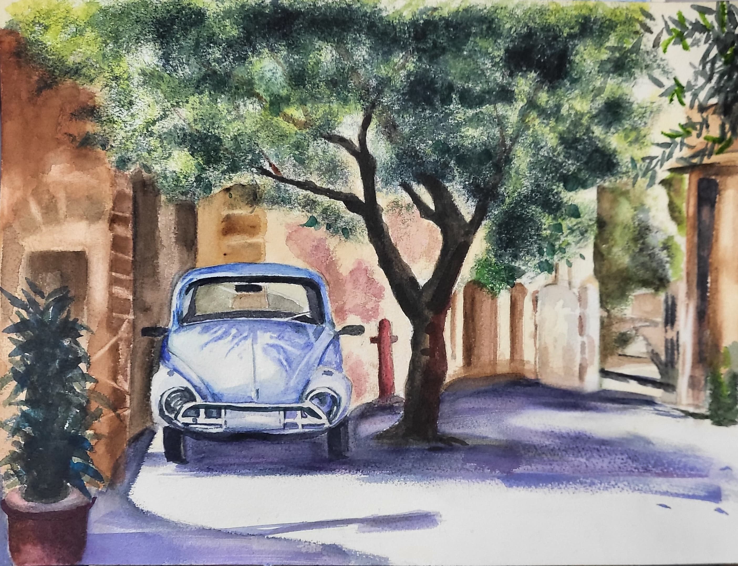 하늘색 폭스바겐 과 나무